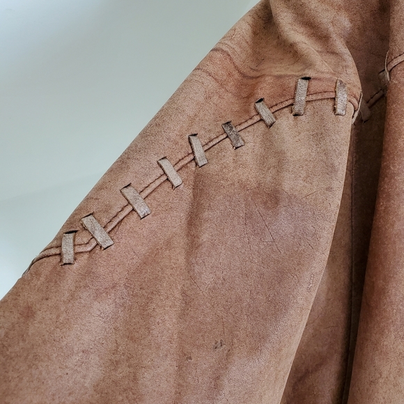 90s Vintage Patchwork Brown Leather Bomber Jacket with Grandpa Collar - Picture 8 of 9